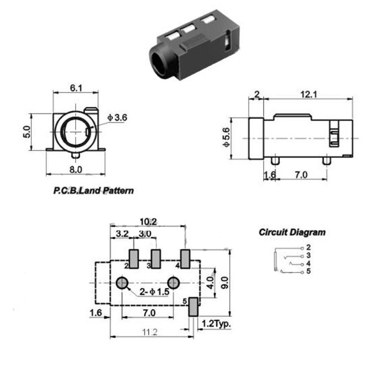 سوکت مادگی هدفون کد 3.5mm_aux_smd بسته 10 عددی
